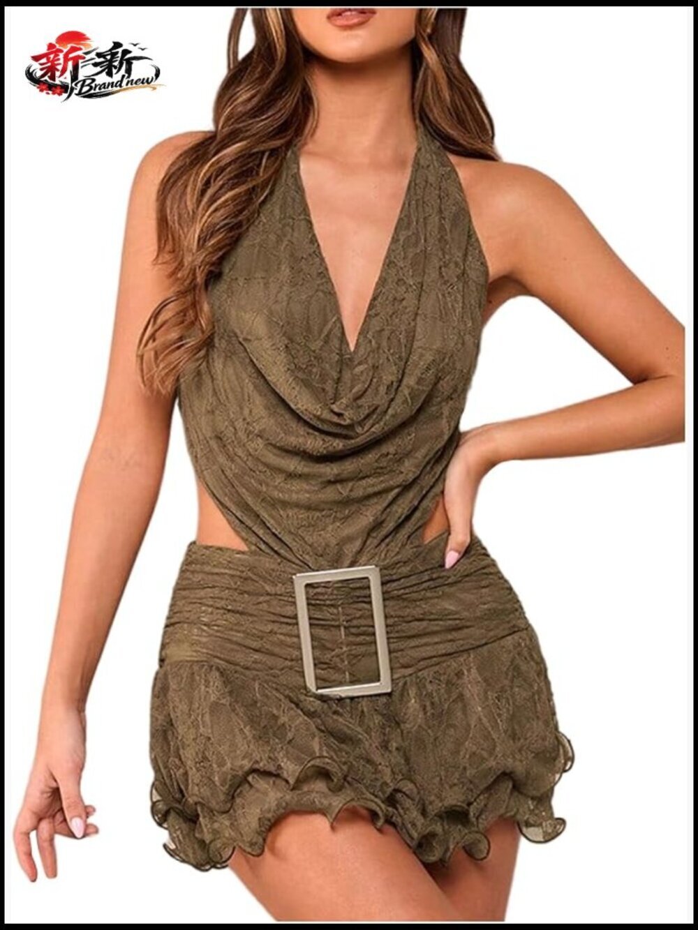 Polyamide Halter Mini Dress with Ruffle Tiered Backless Tie